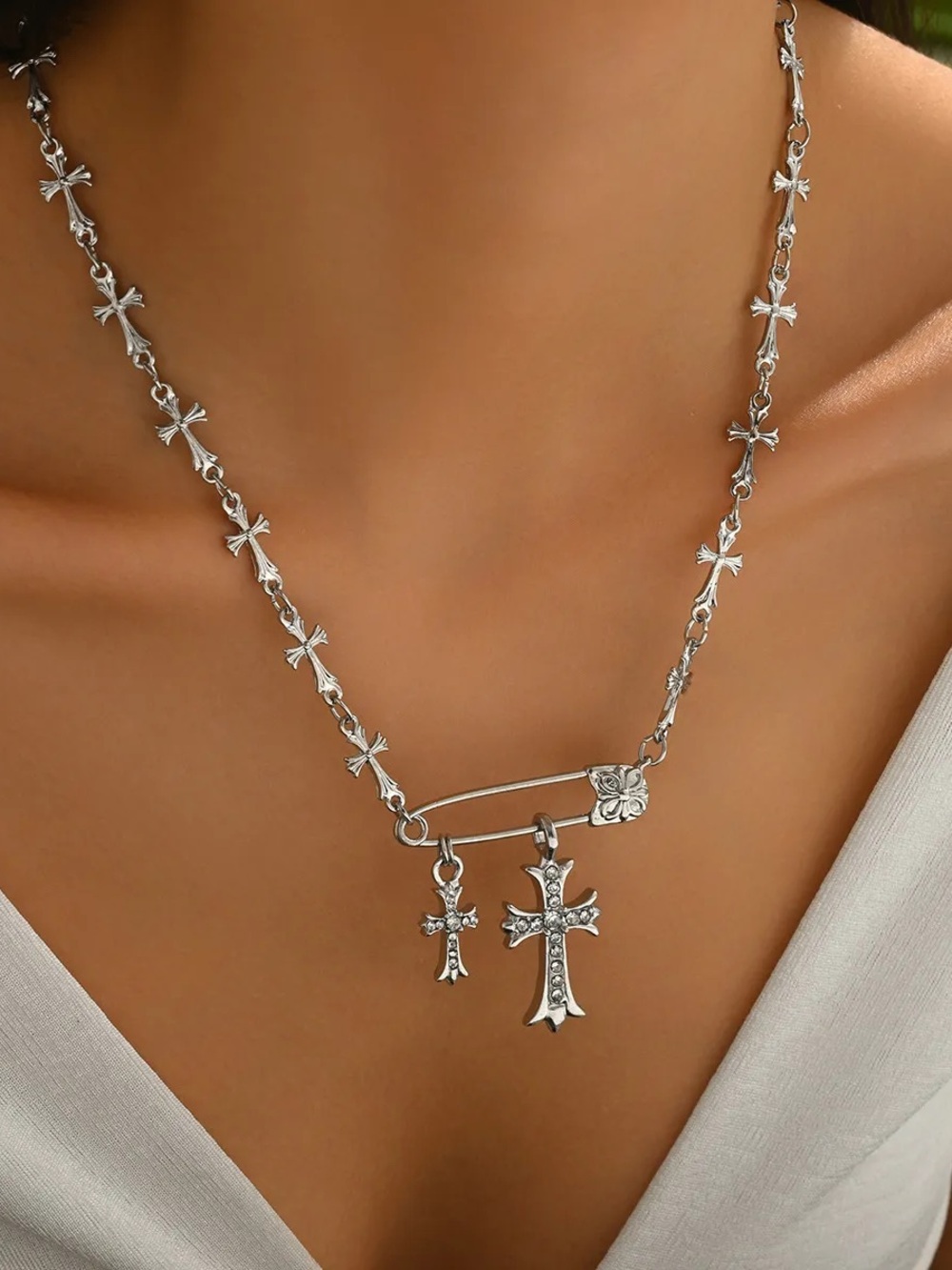 Silver Cross Charm Safety-Pin Necklace - Women